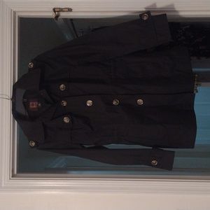 Black hooded Anne Klein trench coat with drawstring waist